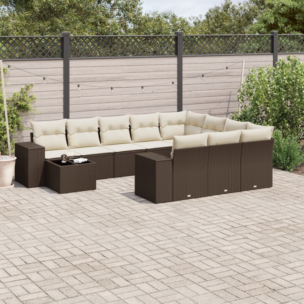 11 Pcs conjunto sofás de jardim c/ almofadões vime PE castanho