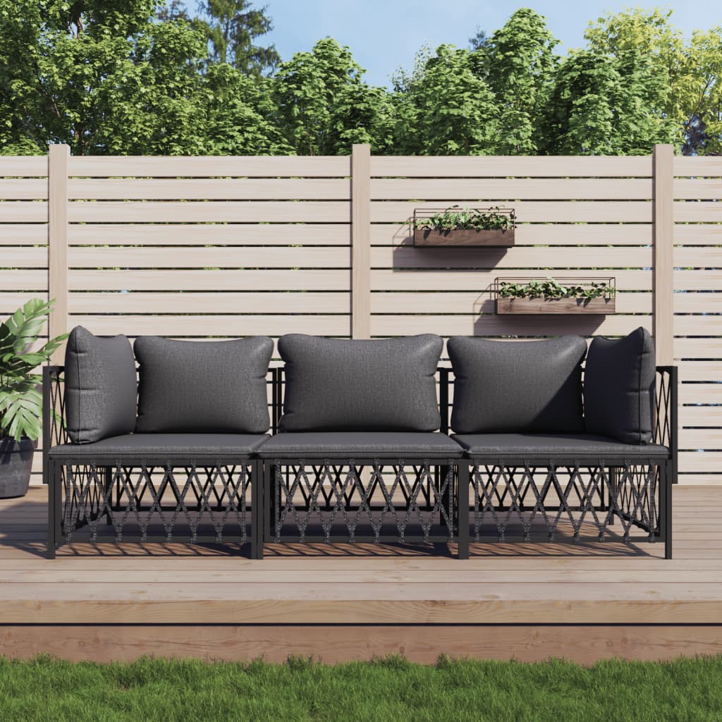 3 Pcs conjunto lounge de jardim com almofadões aço antracite