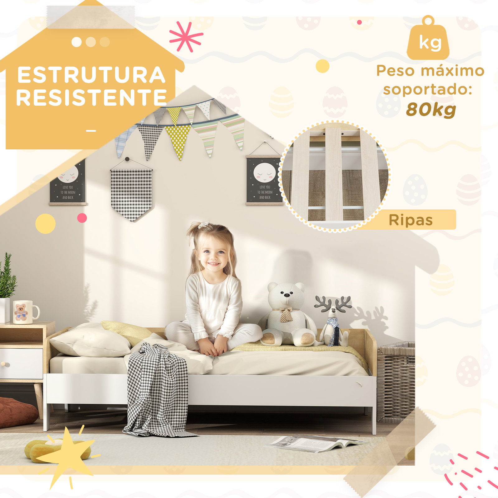 Cama para crianças acima de 3 anos 143,5x74x40 cm cama de madeira para crianças carga 80 kg para dormitório branco e madeira