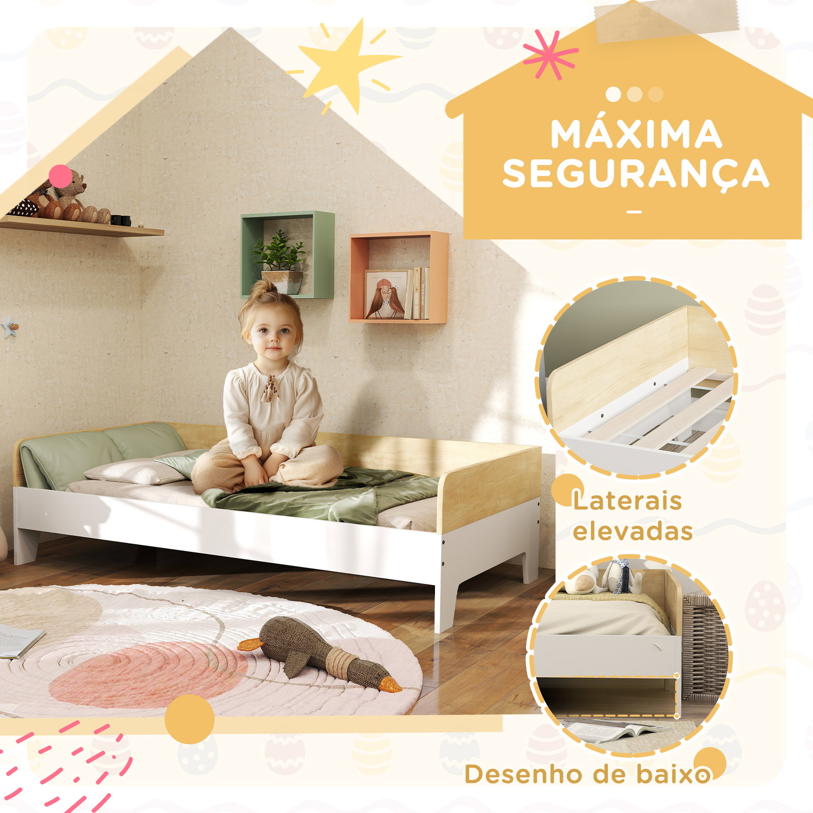 Cama para crianças acima de 3 anos 143,5x74x40 cm cama de madeira para crianças carga 80 kg para dormitório branco e madeira