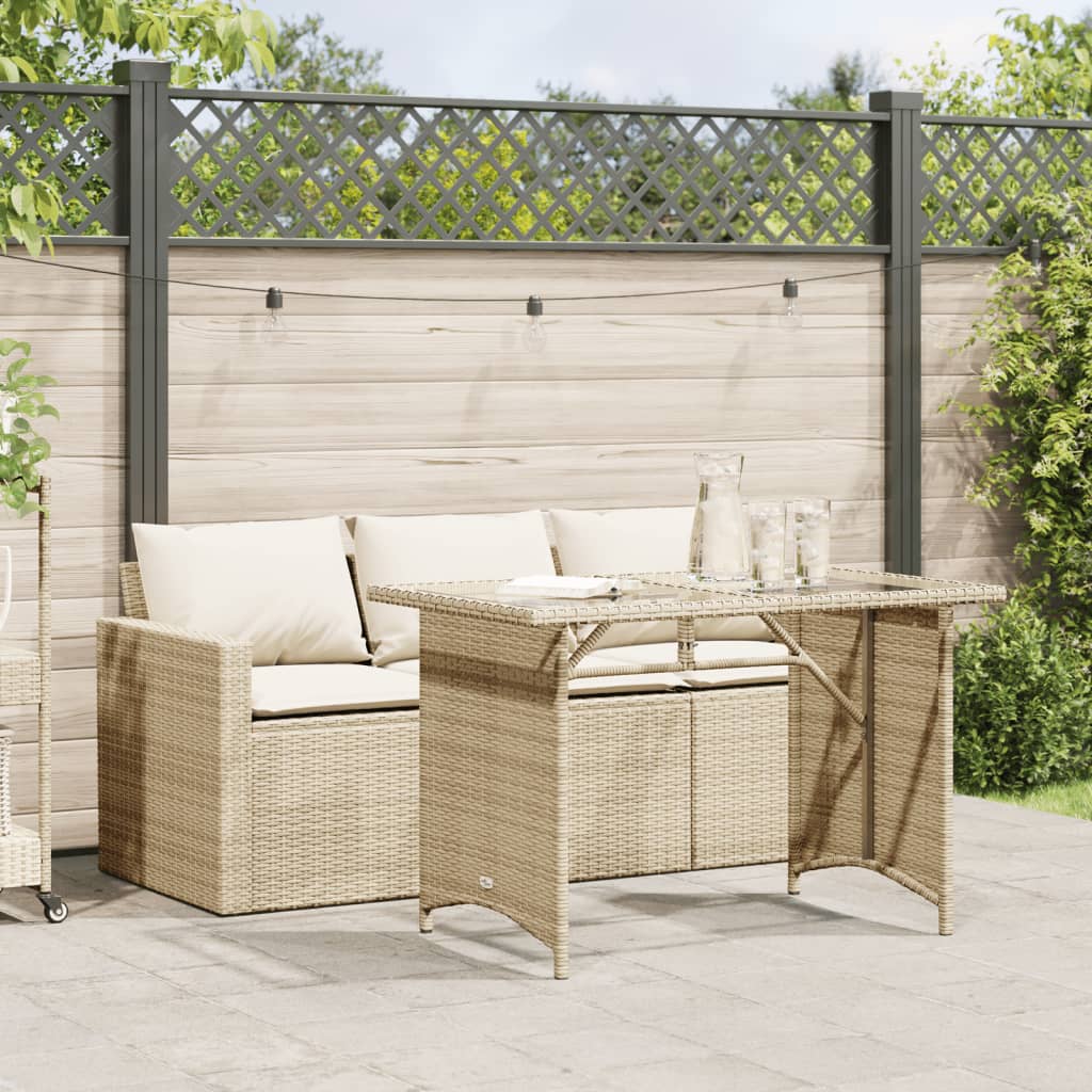 2 Pcs conjunto de jantar p/ jardim com almofadões vime PE bege