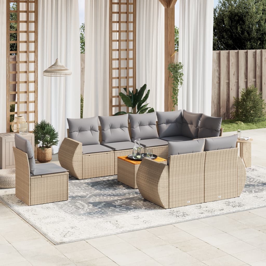 9 Pcs conjunto de sofás p/ jardim com almofadões vime PE bege