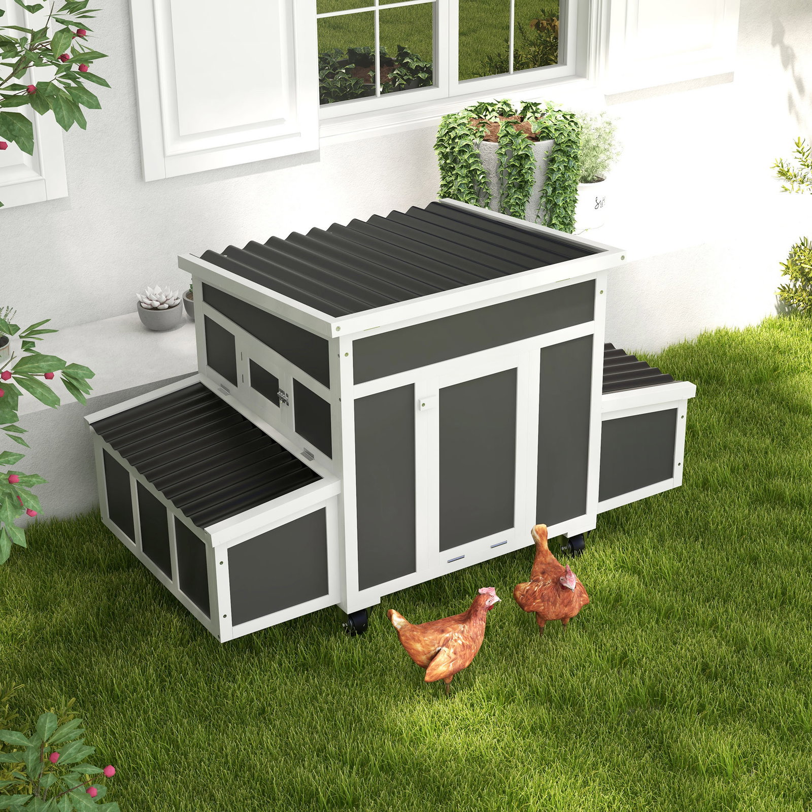 Galinheiro de madeira 147x93,5x89,5 cm galinheiro para exterior com tabuleiro amovível gaiola para 6 galinhas cinza