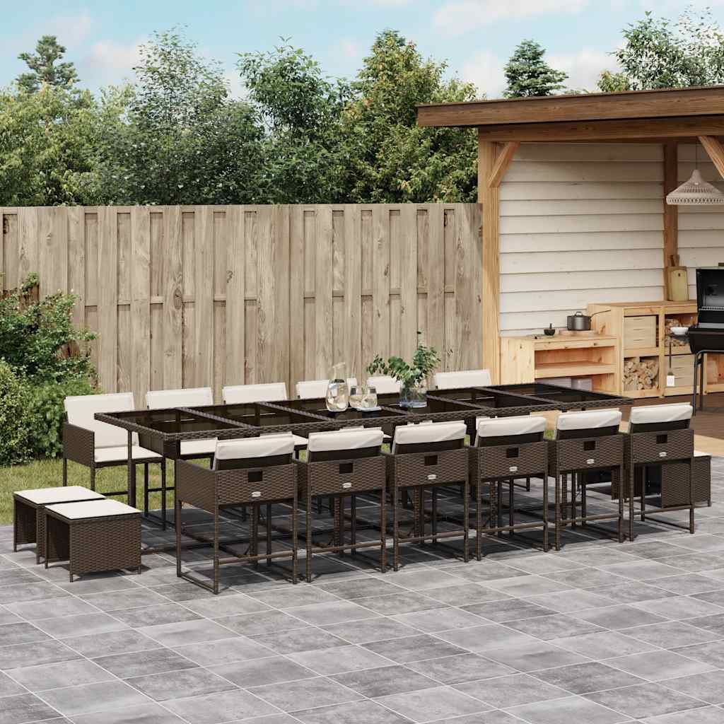 17 Pcs conjunto jantar p/ jardim c/ almofadões vime PE castanho