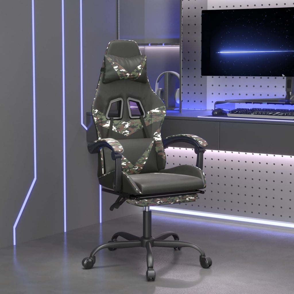 Cadeira gaming giratória + apoio pés couro art. preto/camuflado