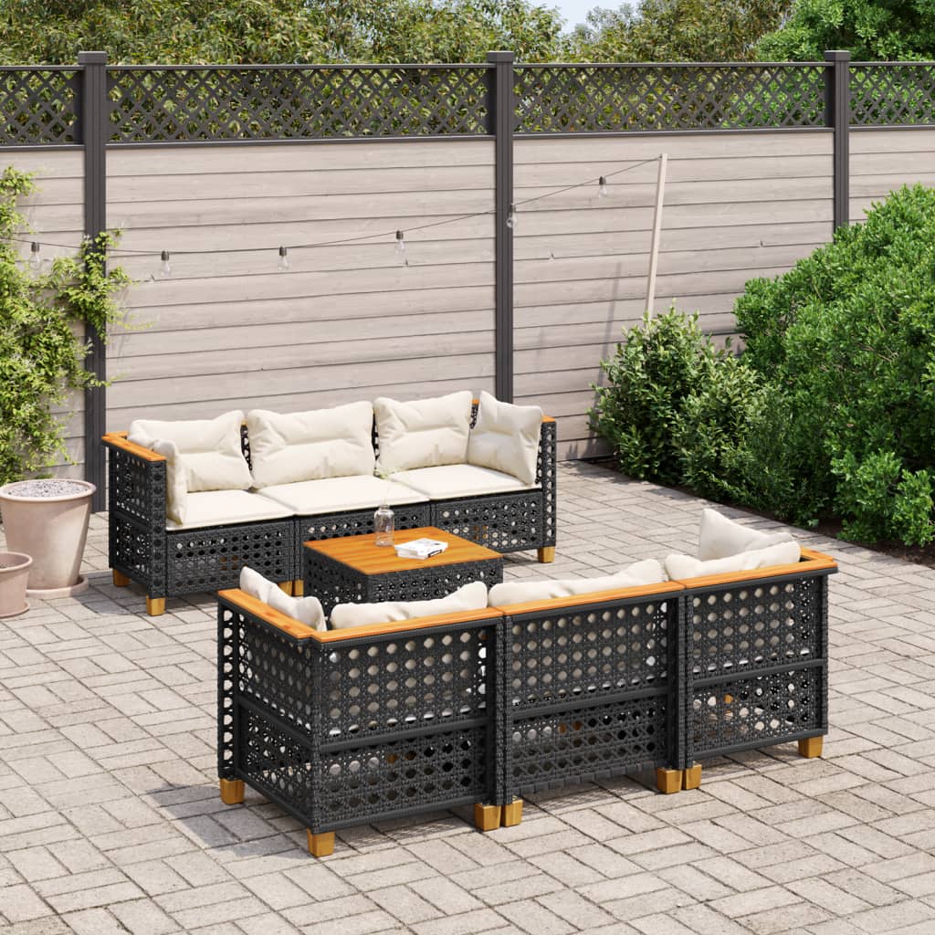 7 Pcs conjunto de sofás p/ jardim c/ almofadões vime PE preto