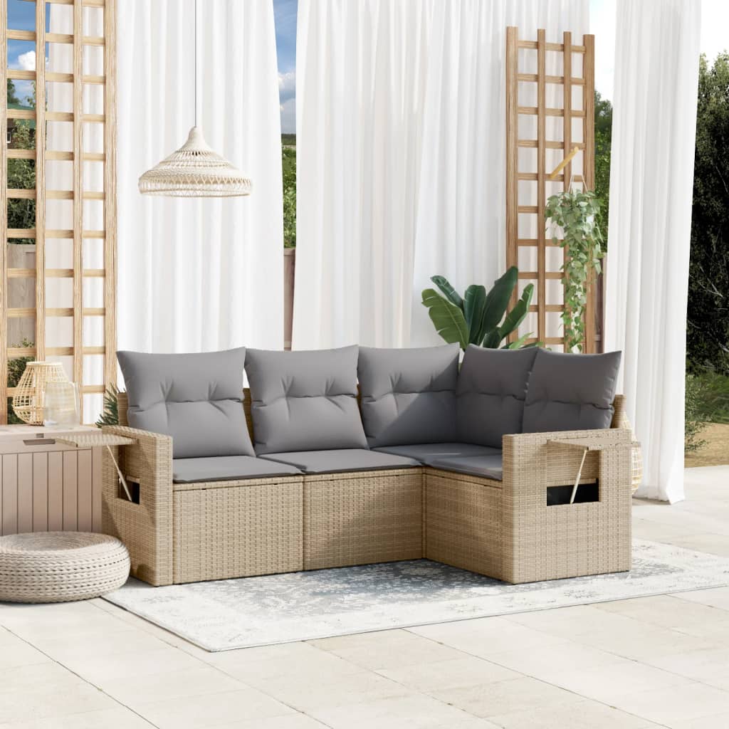 4 Pcs conjunto de sofás para jardim c/ almofadões vime PE bege