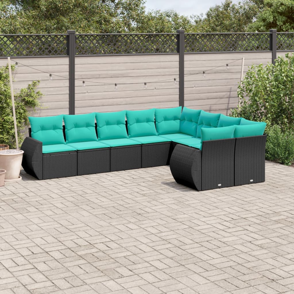 Conjunto de sofá de jardim de 9 peças com almofadas em rattan sintético preto