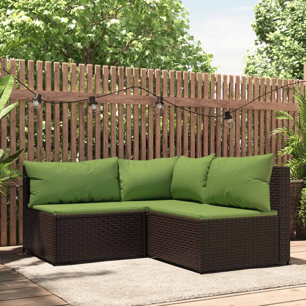3 Pcs conjunto lounge jardim c/ almofadões vime PE castanho