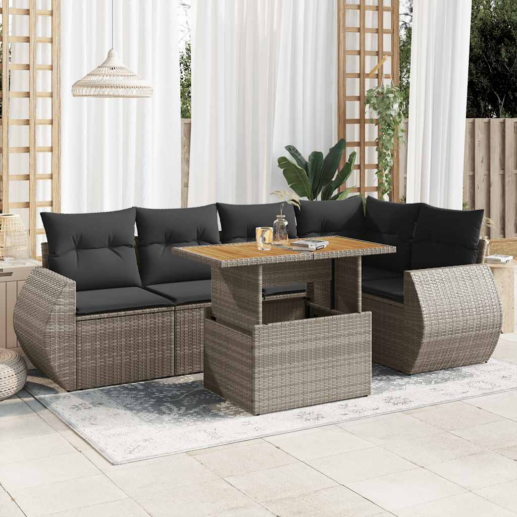 6 Pcs conjunto sofás de jardim com almofadões vime cinzento