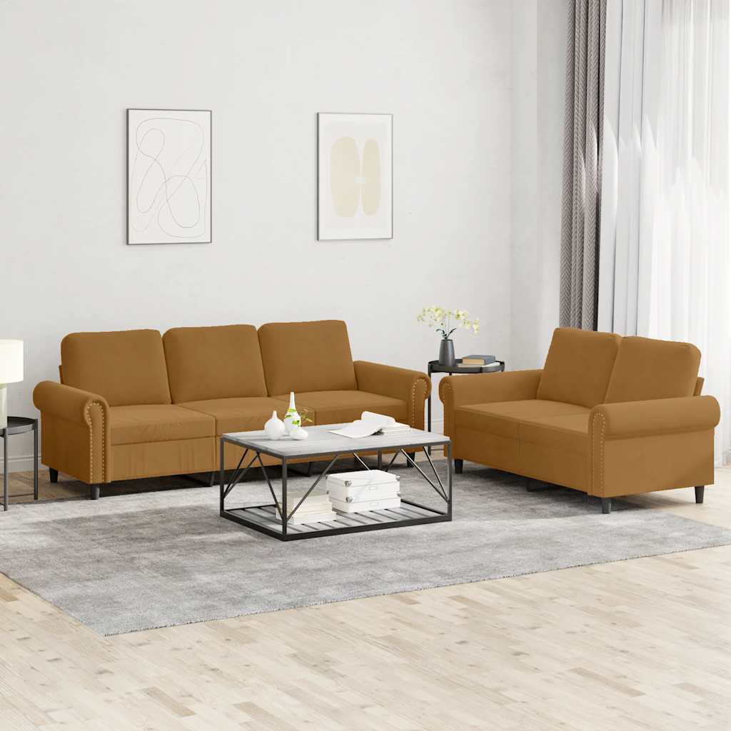 2 Pcs conjunto de sofás com almofadões veludo castanho