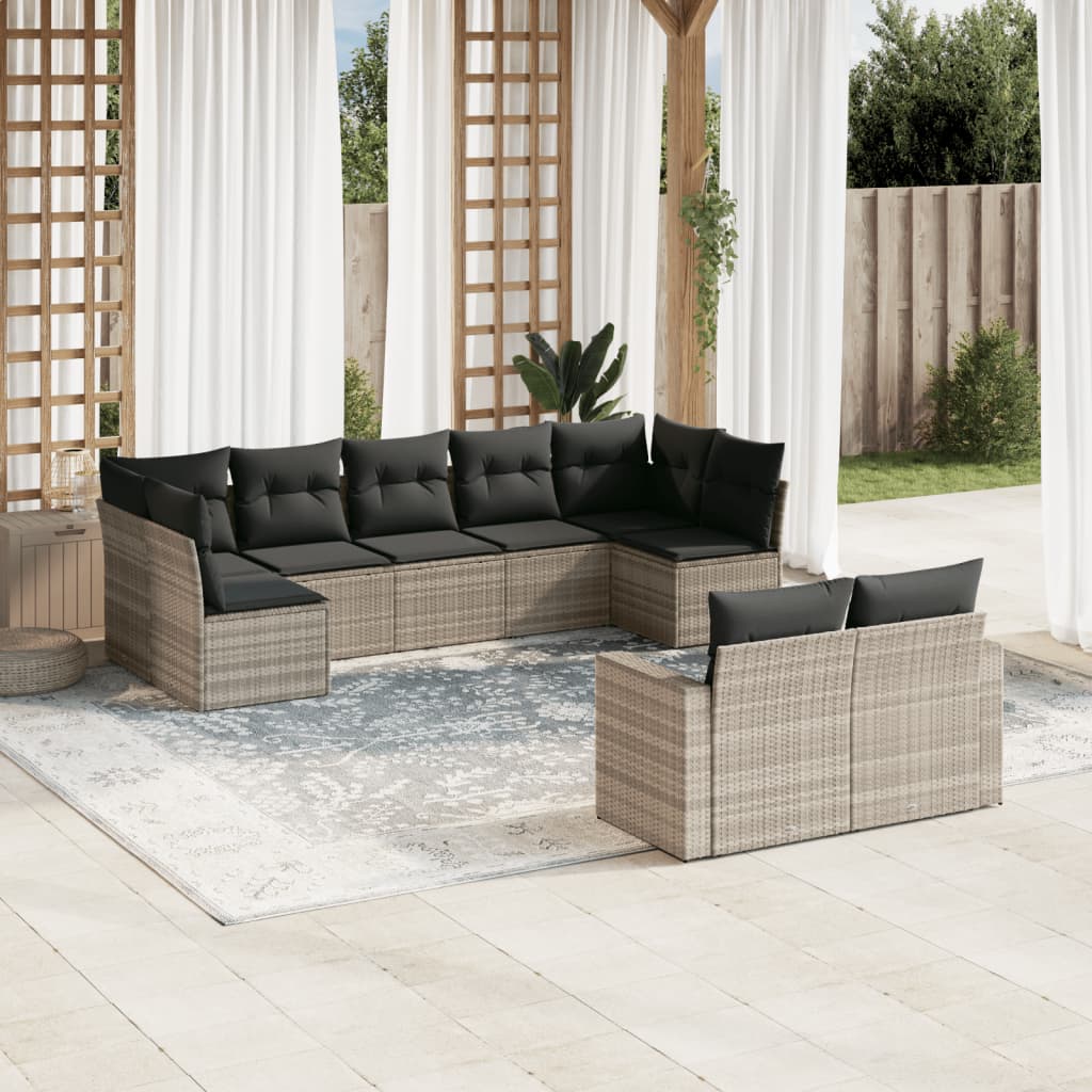 9 Pcs conj. sofás jardim com almofadões vime PE cinzento-claro