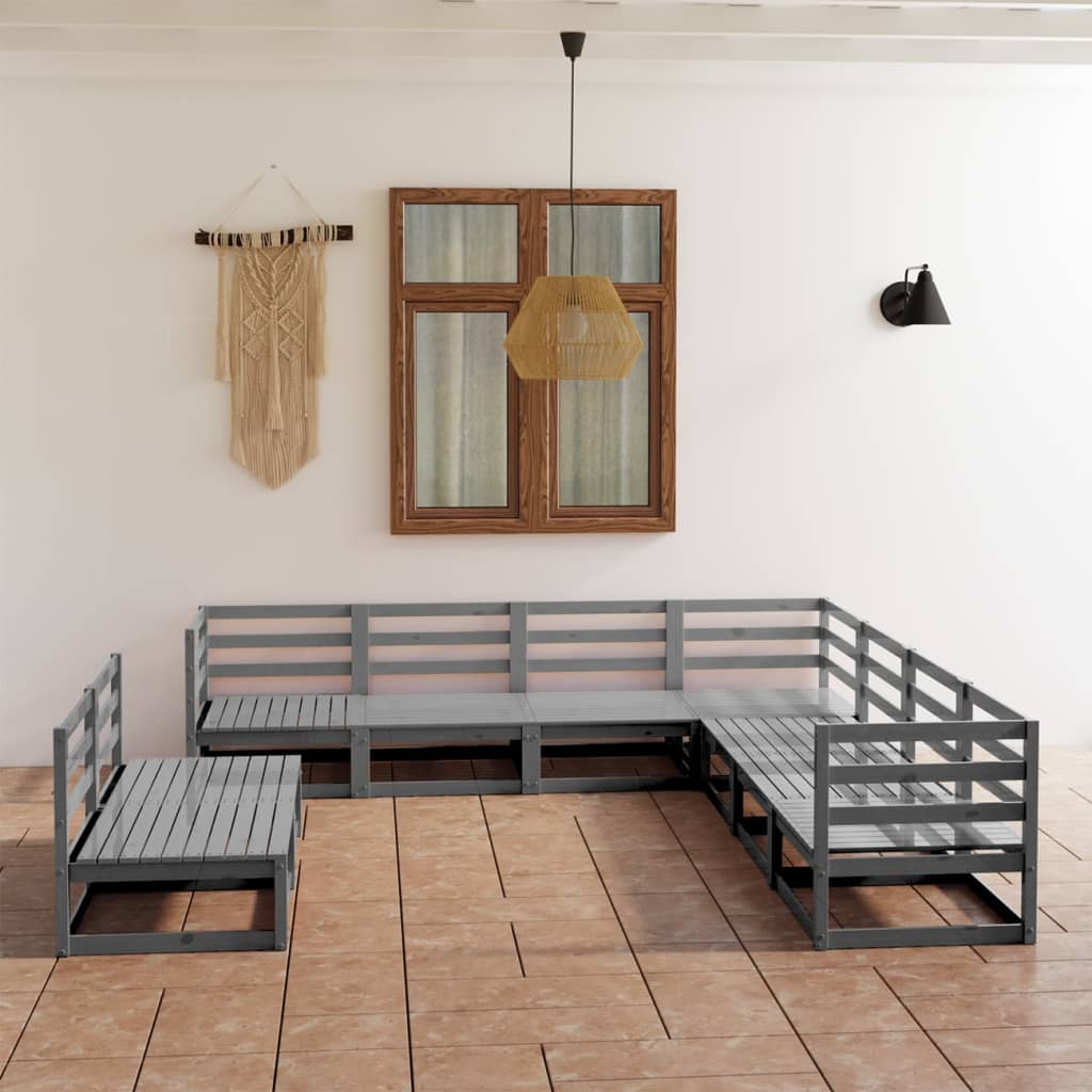 9 Pcs conjunto lounge de jardim pinho sólido cinzento