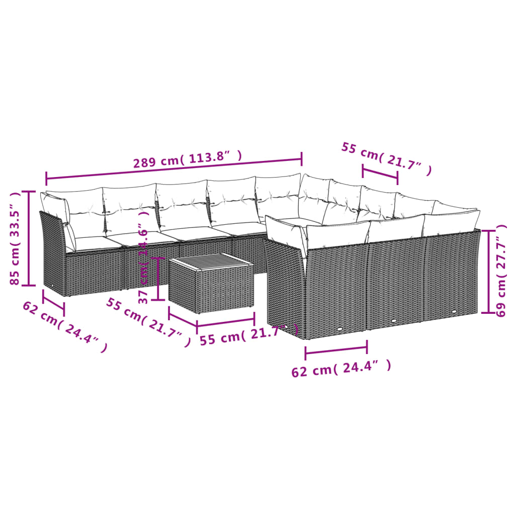 12 Pcs conjunto de sofás p/ jardim com almofadões vime PE bege