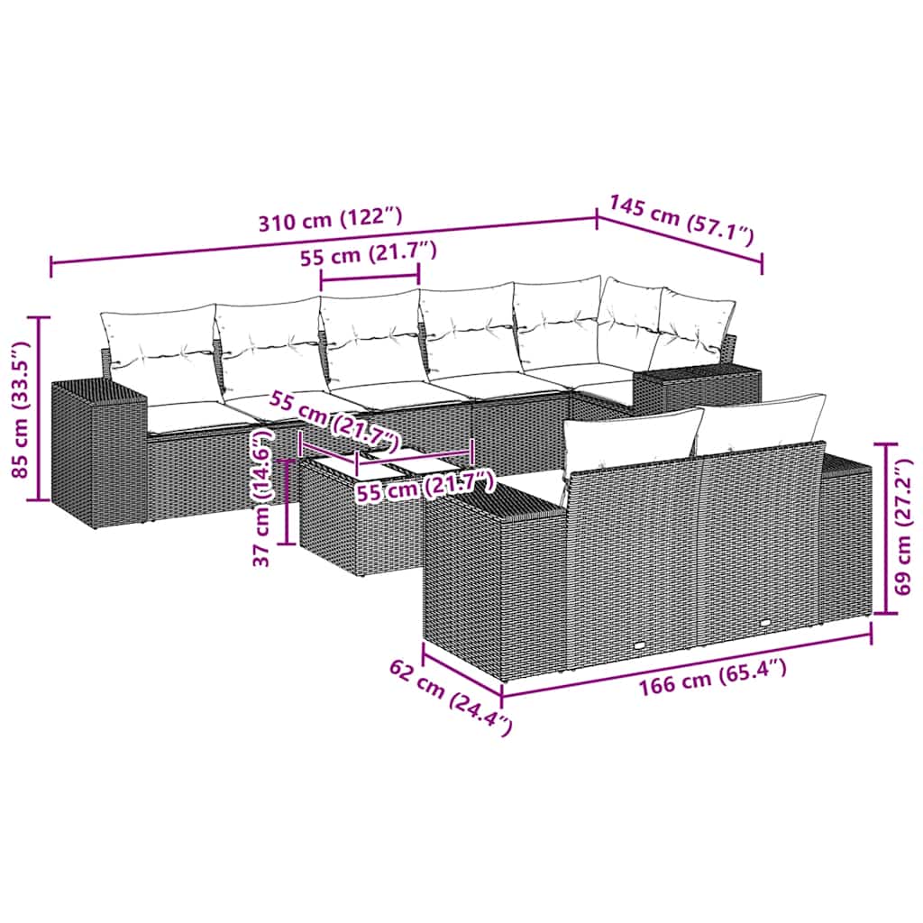 9 Pcs conjunto de sofás p/ jardim c/ almofadões vime PE preto