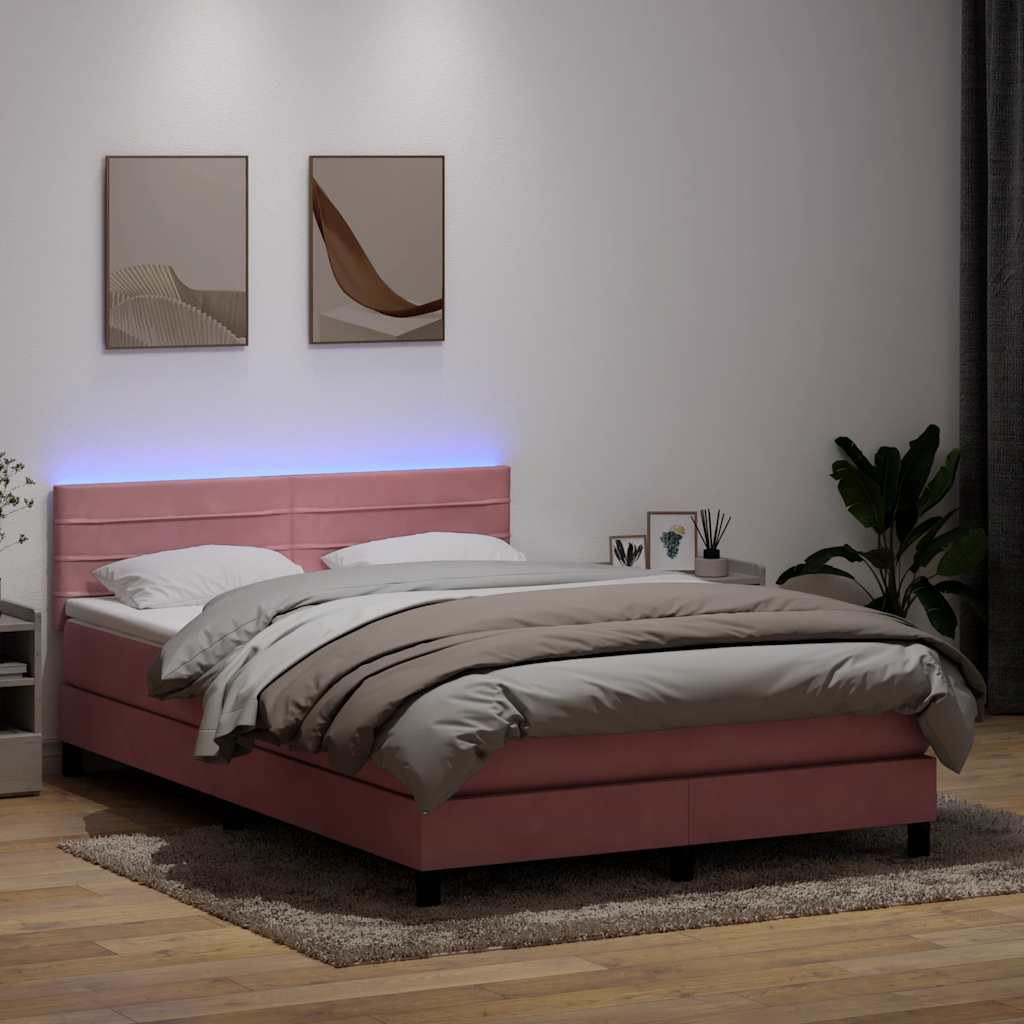 Cama box spring c/ colchão e LED 160x210 cm veludo rosa