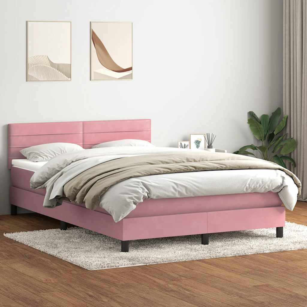 Cama box spring c/ colchão e LED 160x210 cm veludo rosa