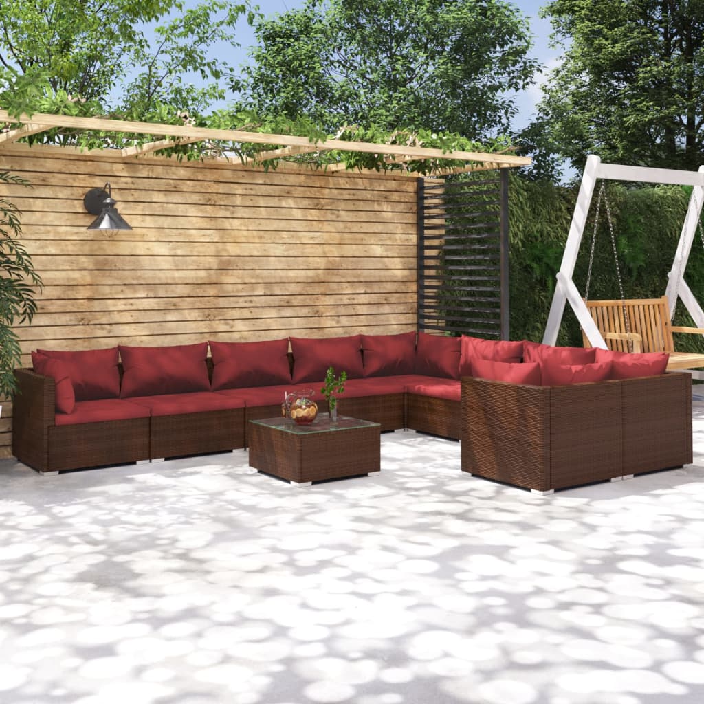 10 Pcs conjunto lounge jardim c/ almofadões vime PE castanho