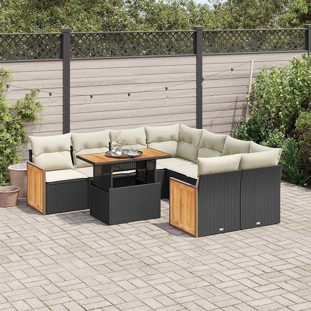 9 Pcs conjunto sofás p/ jardim almofadões vime PE/acácia preto