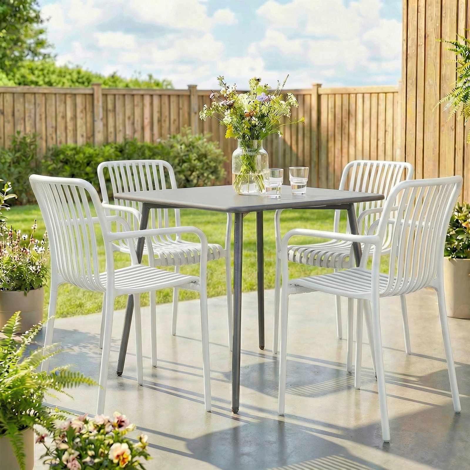 Conjunto de 4 cadeiras de jardim exterior empilháveis de PP com encosto curvado assento com ripas 55x58,5x81,5 cm branco
