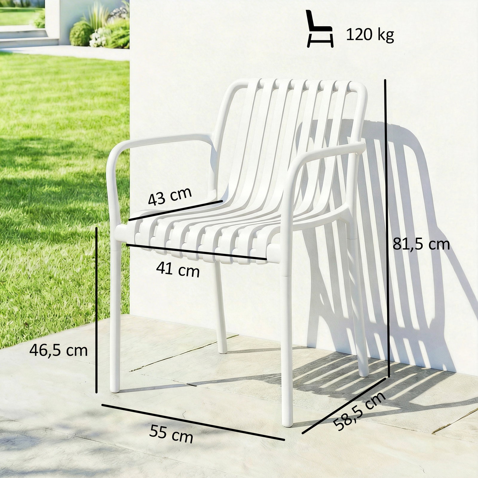 Conjunto de 4 cadeiras de jardim exterior empilháveis de PP com encosto curvado assento com ripas 55x58,5x81,5 cm branco
