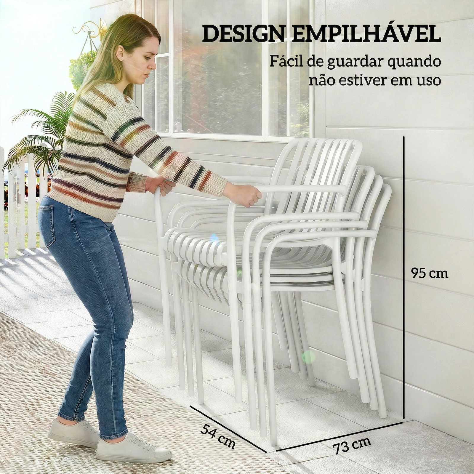 Conjunto de 4 cadeiras de jardim exterior empilháveis de PP com encosto curvado assento com ripas 55x58,5x81,5 cm branco