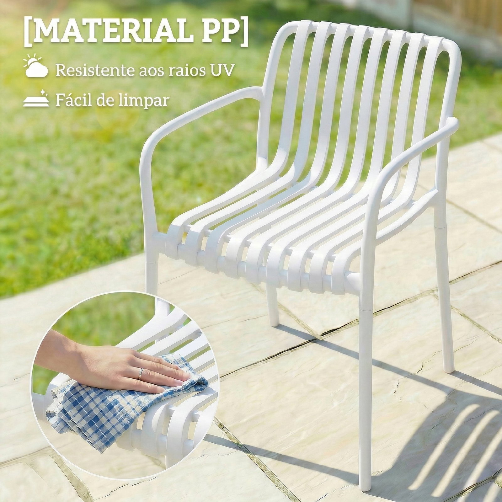 Conjunto de 4 cadeiras de jardim exterior empilháveis de PP com encosto curvado assento com ripas 55x58,5x81,5 cm branco