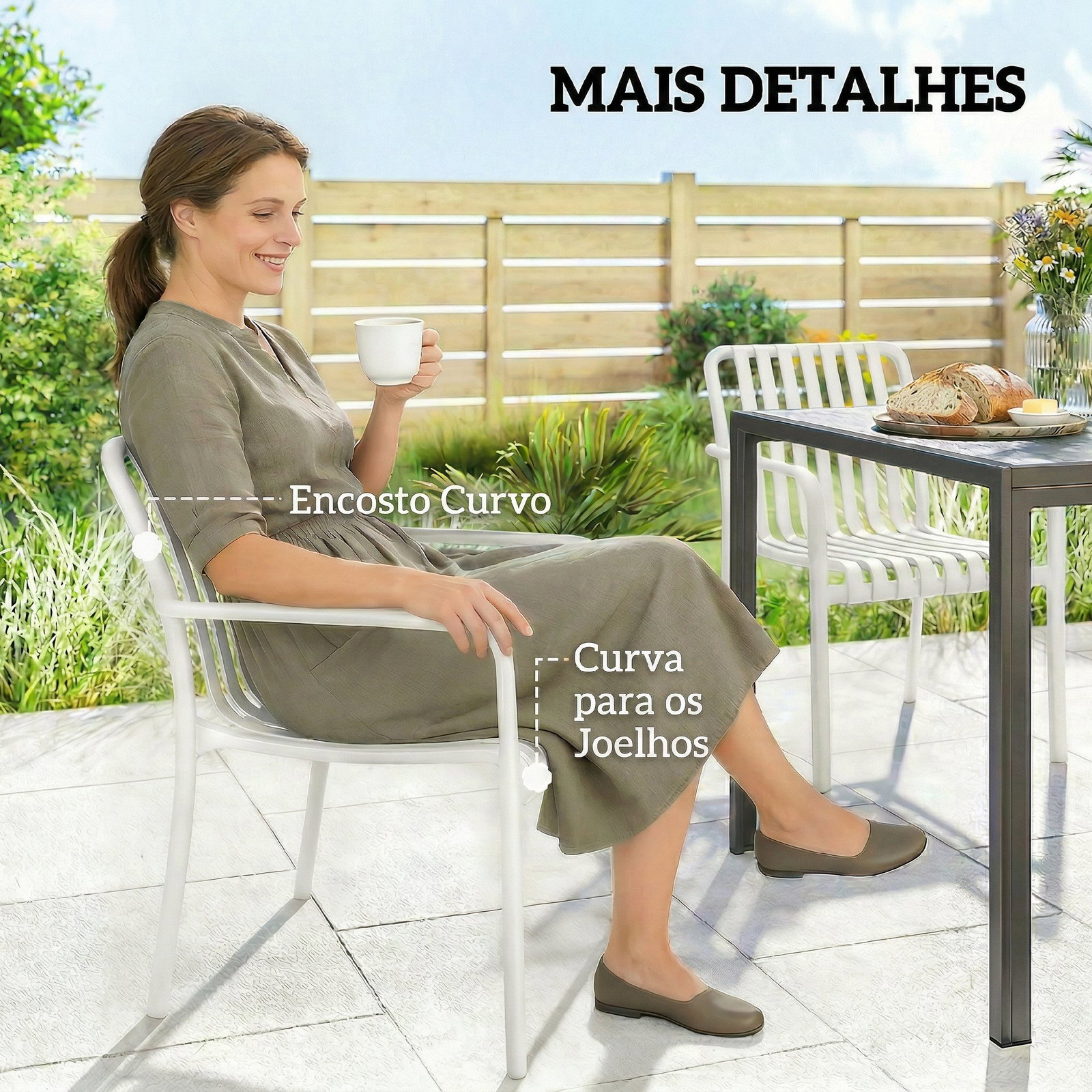 Conjunto de 4 cadeiras de jardim exterior empilháveis de PP com encosto curvado assento com ripas 55x58,5x81,5 cm branco