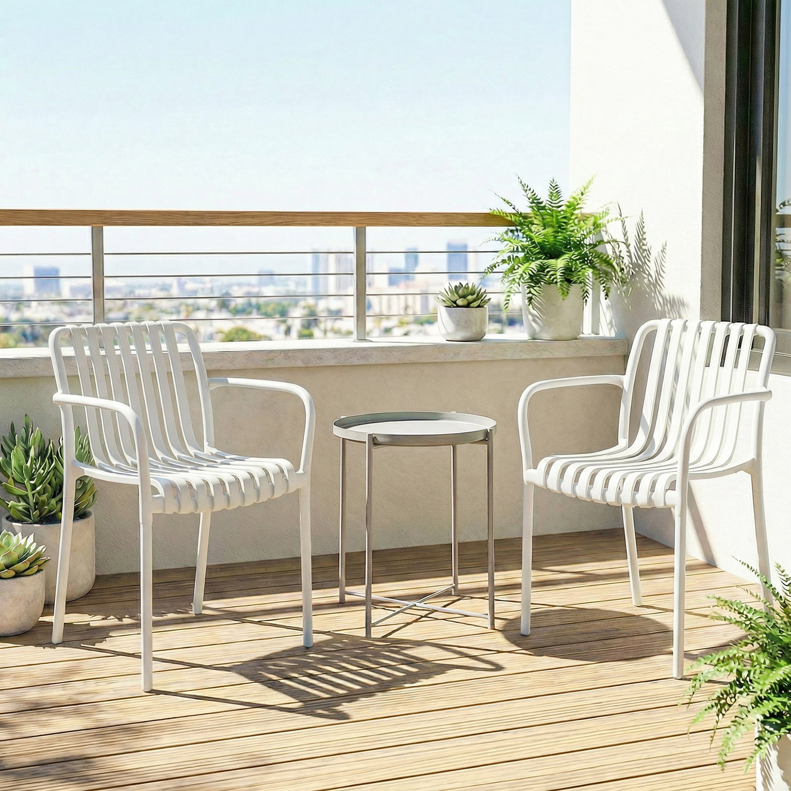 Conjunto de 4 cadeiras de jardim exterior empilháveis de PP com encosto curvado assento com ripas 55x58,5x81,5 cm branco