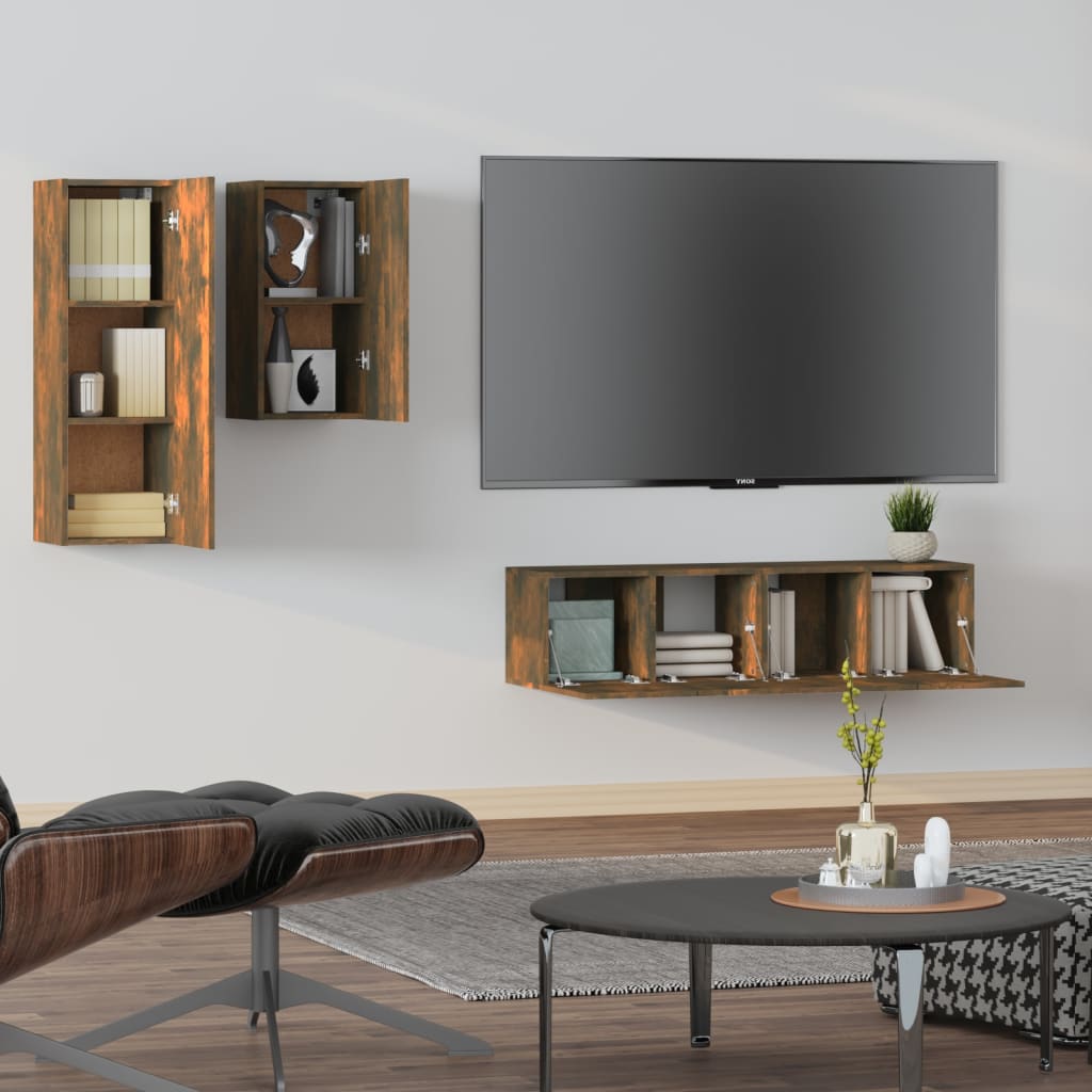 Conjunto móveis de TV 4 pcs madeira processada carvalho fumado