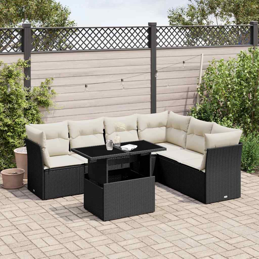 7 Pcs conjunto de sofás p/ jardim c/ almofadões vime PE preto