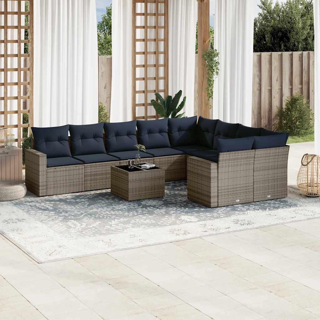 10 Pcs conjunto sofás p/ jardim c/ almofadões vime PE cinzento