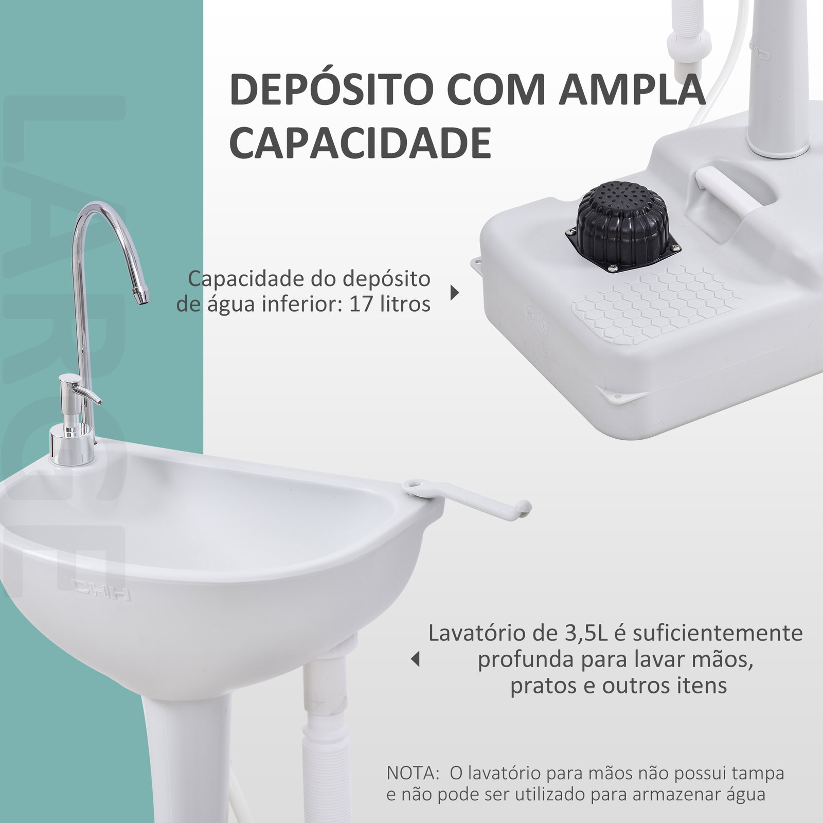 Lavatório portátil para campismo com depósito de água de 17l dispensador de sabão e 2 rodas 51x33,5x103 cm cinza claro
