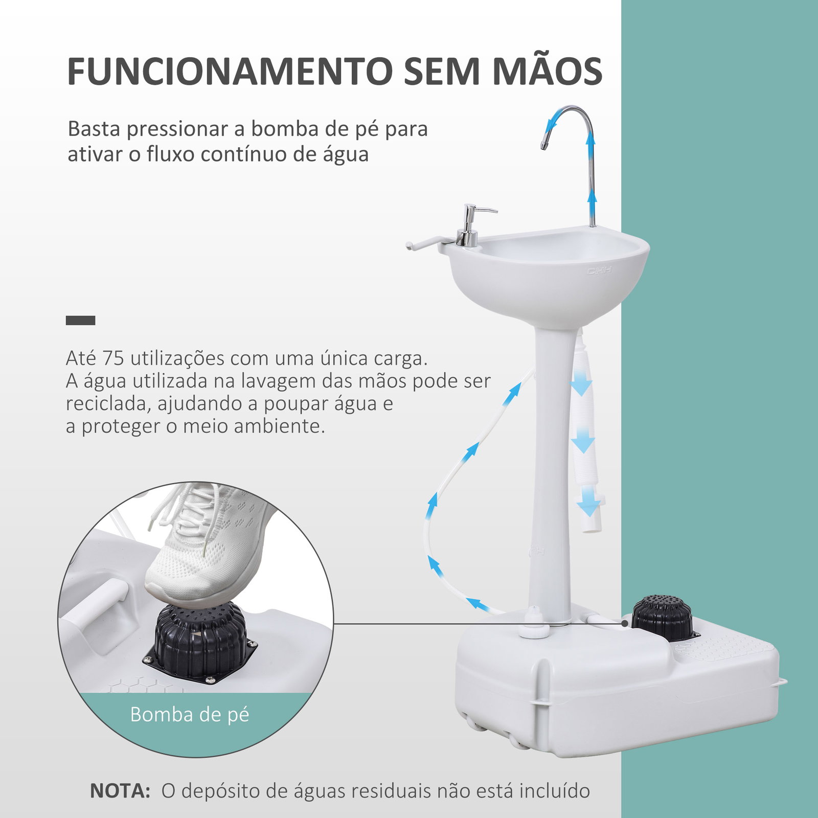 Lavatório portátil para campismo com depósito de água de 17l dispensador de sabão e 2 rodas 51x33,5x103 cm cinza claro