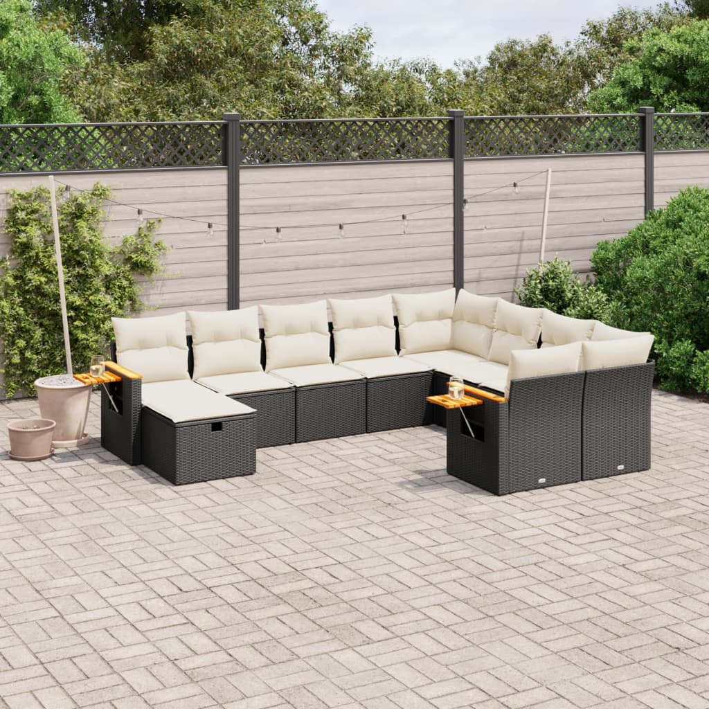 10 Pcs conjunto sofás de jardim c/ almofadões vime PE preto