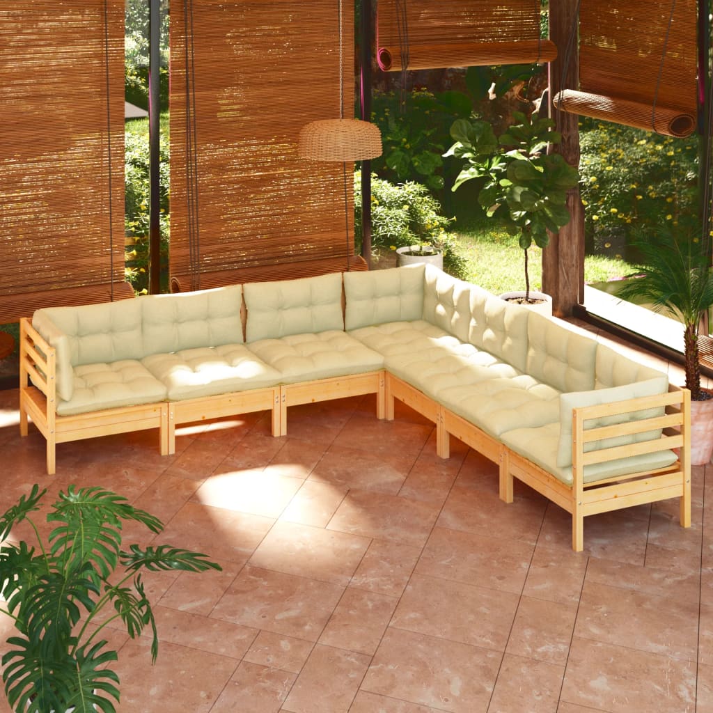 7 Pcs conjunto lounge jardim c/ almofadões creme pinho maciço