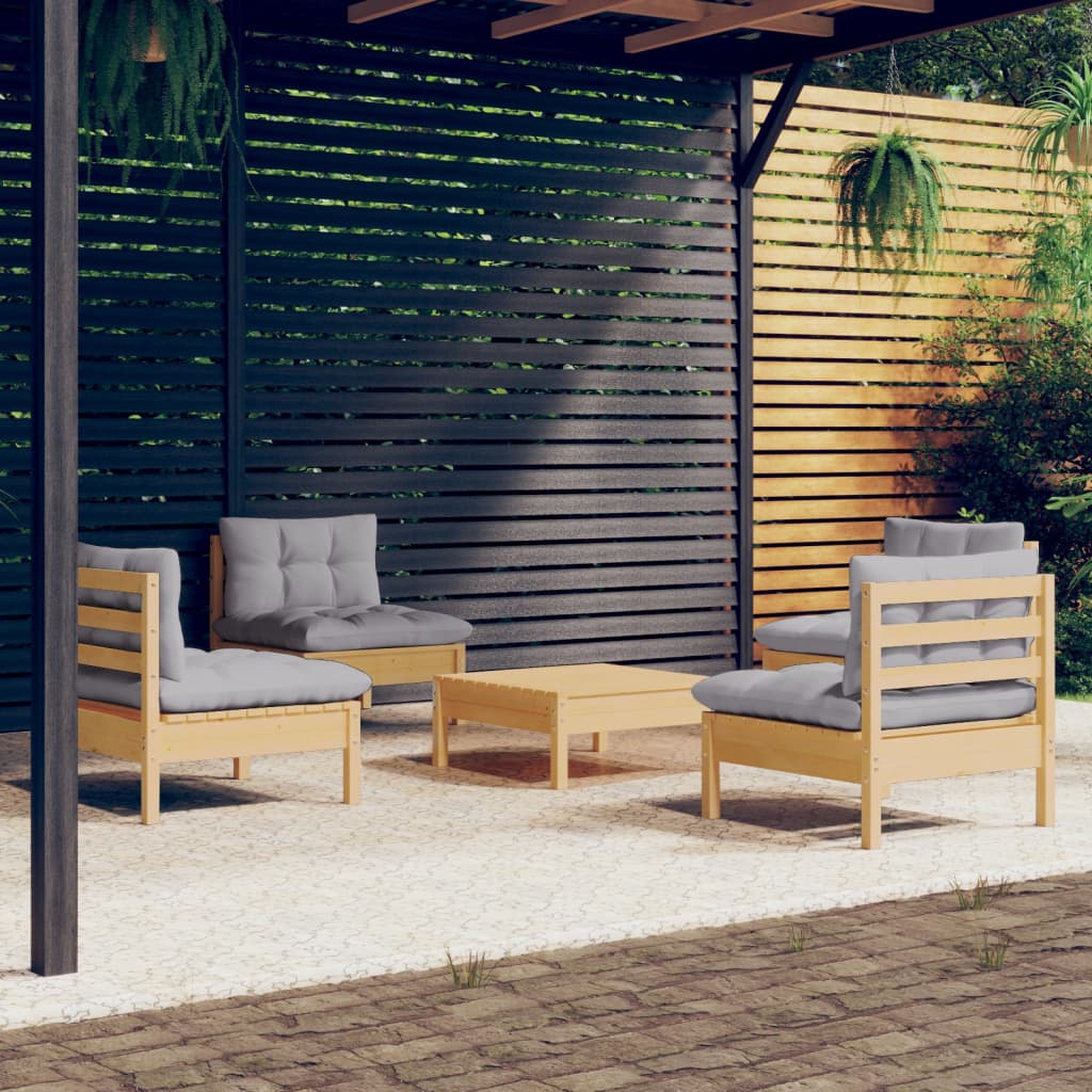 5 Pcs conjunto lounge de jardim c/ almofadões cinzentos pinho