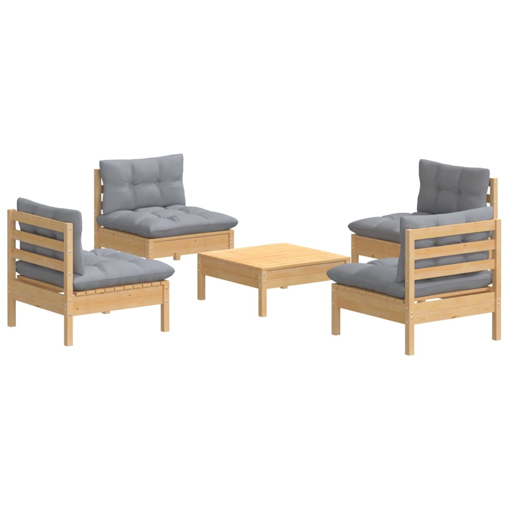 5 Pcs conjunto lounge de jardim c/ almofadões cinzentos pinho