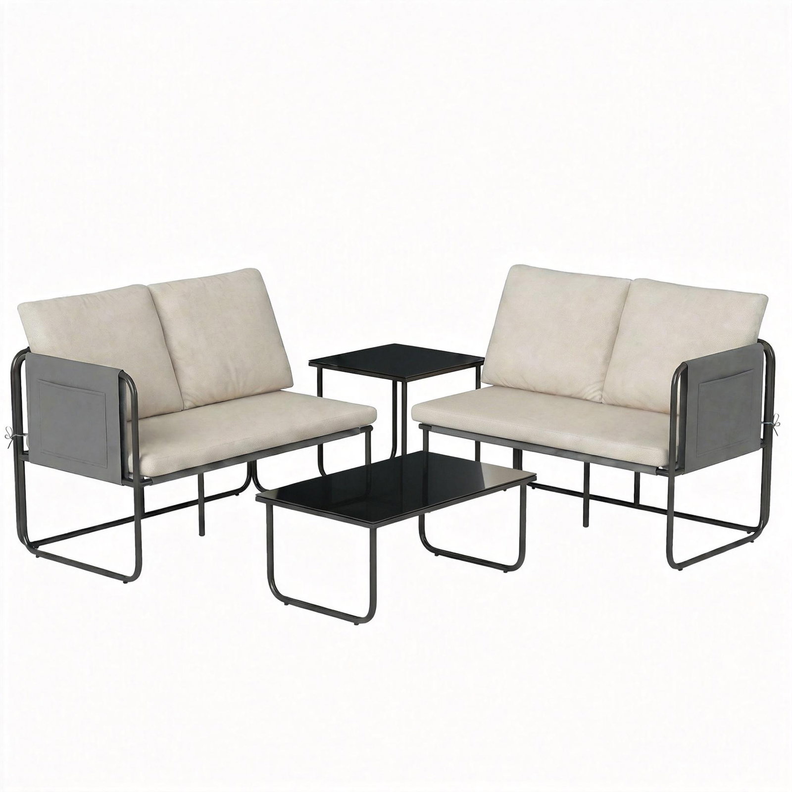 Conjunto de jardim de 4 peças móveis de exterior com 2 sofás de 2 lugares 2 mesas de vidro almofadas capas removíveis preto e bege