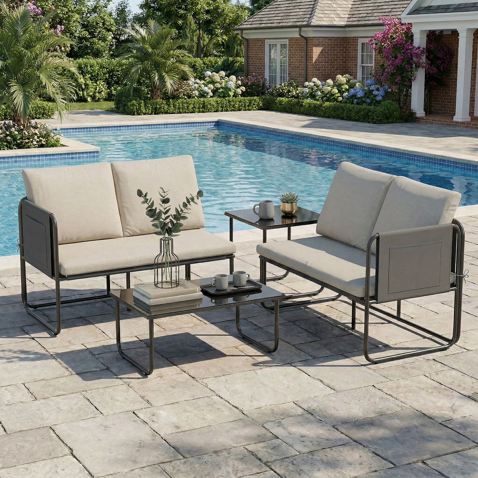 Conjunto de jardim de 4 peças móveis de exterior com 2 sofás de 2 lugares 2 mesas de vidro almofadas capas removíveis preto e bege