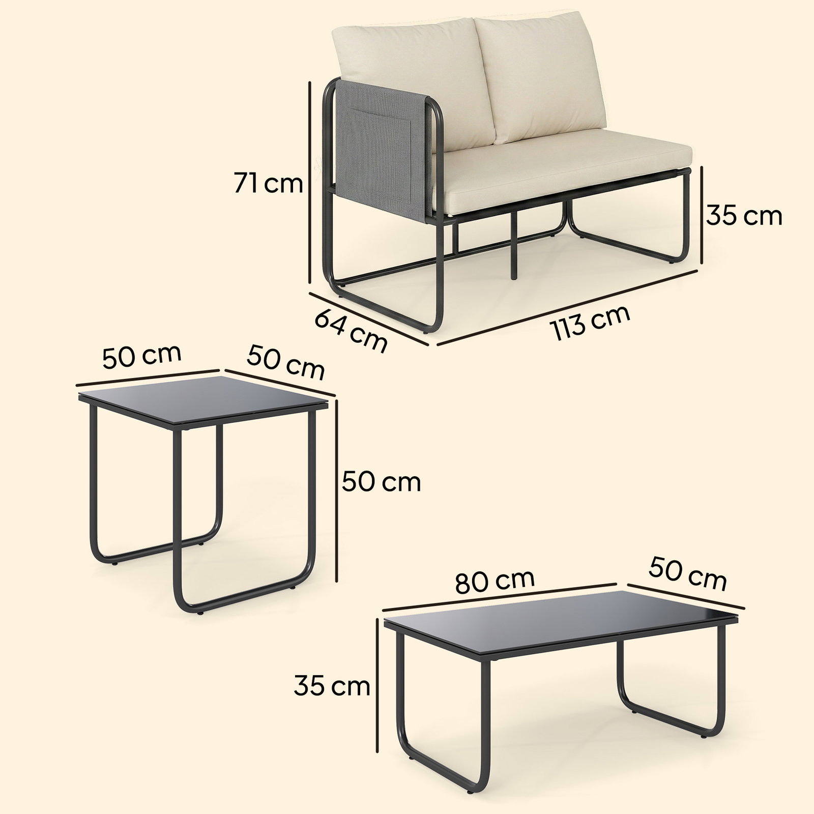 Conjunto de jardim de 4 peças móveis de exterior com 2 sofás de 2 lugares 2 mesas de vidro almofadas capas removíveis preto e bege