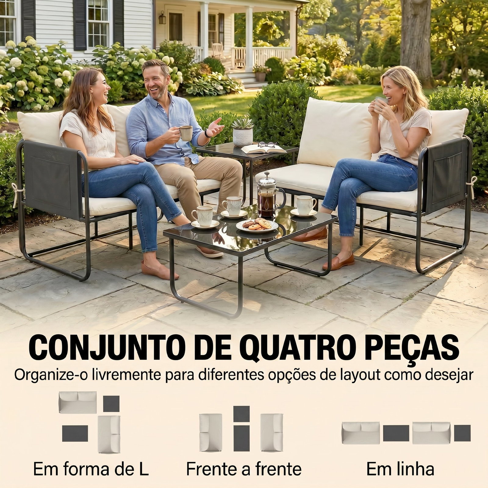 Conjunto de jardim de 4 peças móveis de exterior com 2 sofás de 2 lugares 2 mesas de vidro almofadas capas removíveis preto e bege