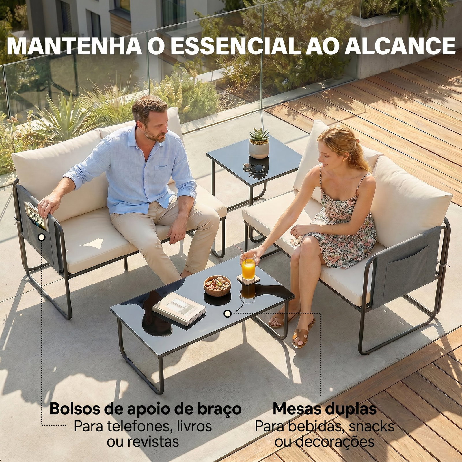 Conjunto de jardim de 4 peças móveis de exterior com 2 sofás de 2 lugares 2 mesas de vidro almofadas capas removíveis preto e bege