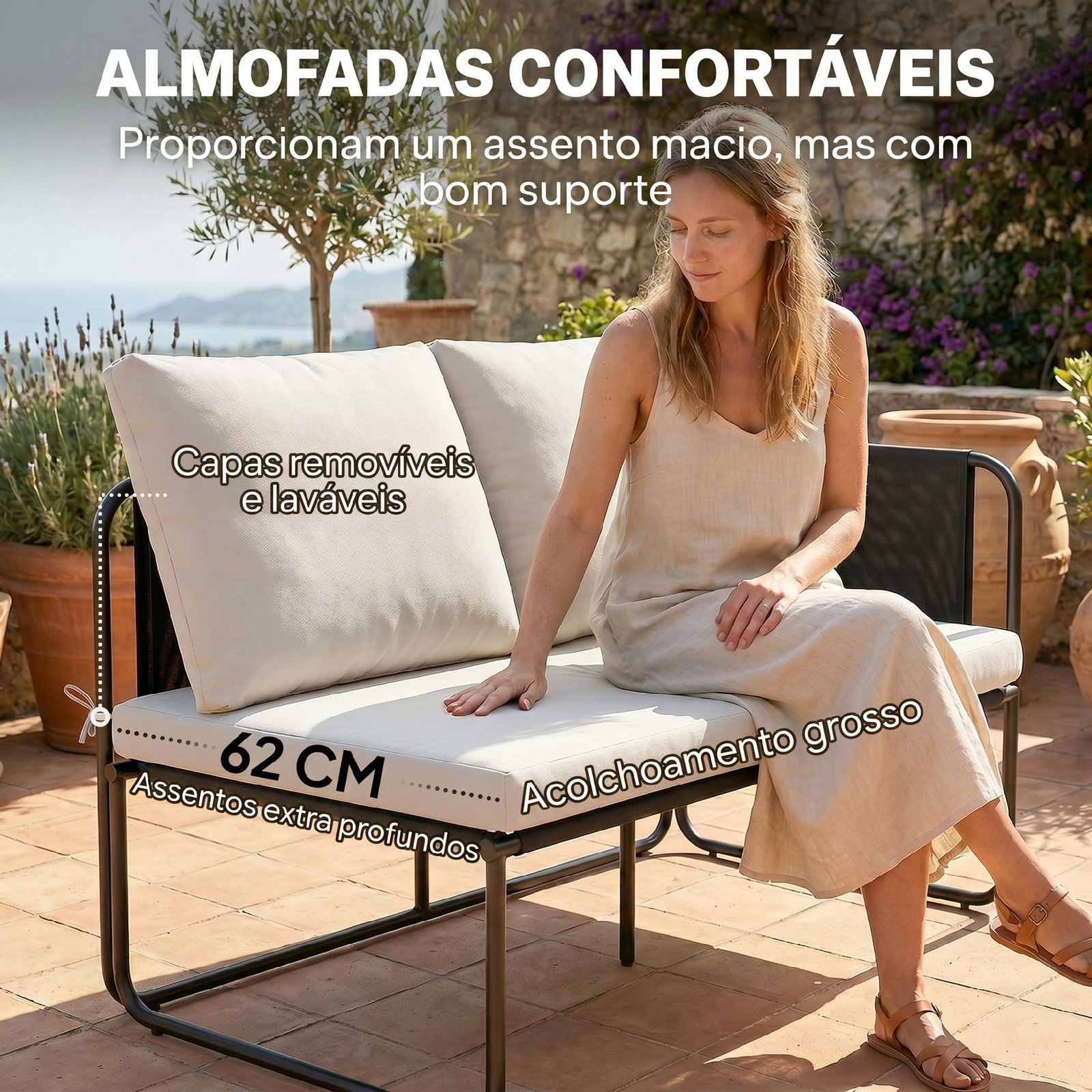 Conjunto de jardim de 4 peças móveis de exterior com 2 sofás de 2 lugares 2 mesas de vidro almofadas capas removíveis preto e bege