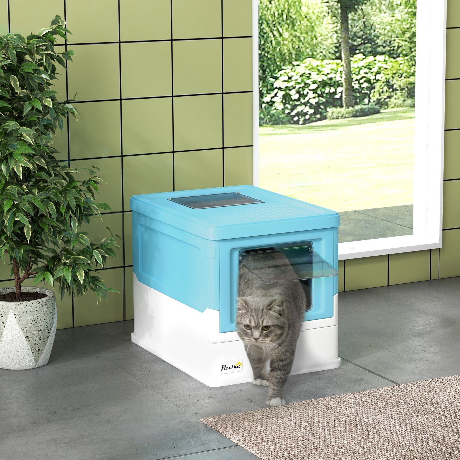 Caixa de areia para gatos dobrável caixa de areia para gatos fechada com bandeja removível e pá 47,5x35,5x36,7cm azul