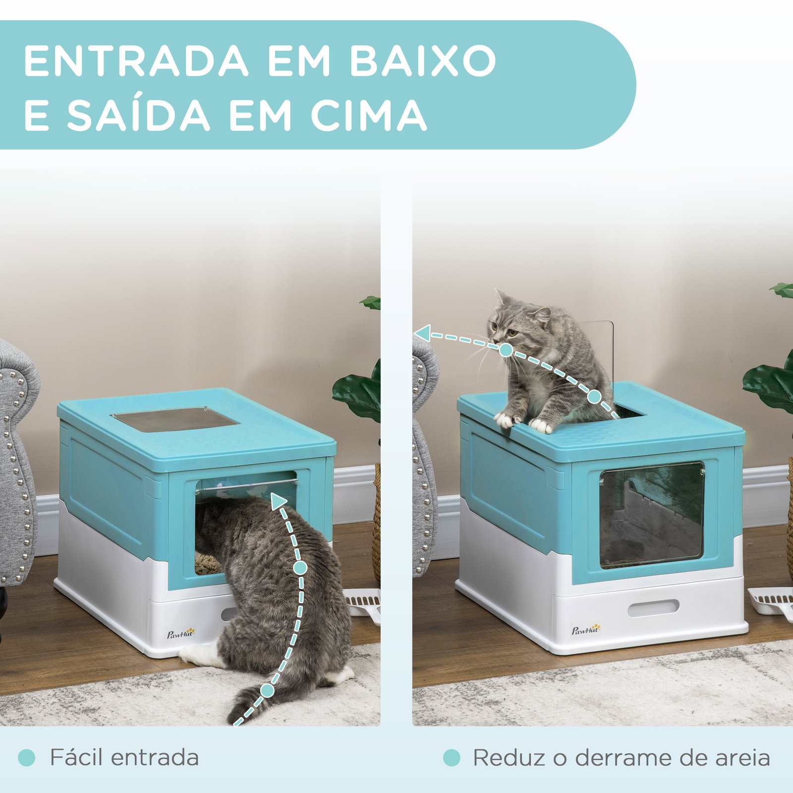 Caixa de areia para gatos dobrável caixa de areia para gatos fechada com bandeja removível e pá 47,5x35,5x36,7cm azul