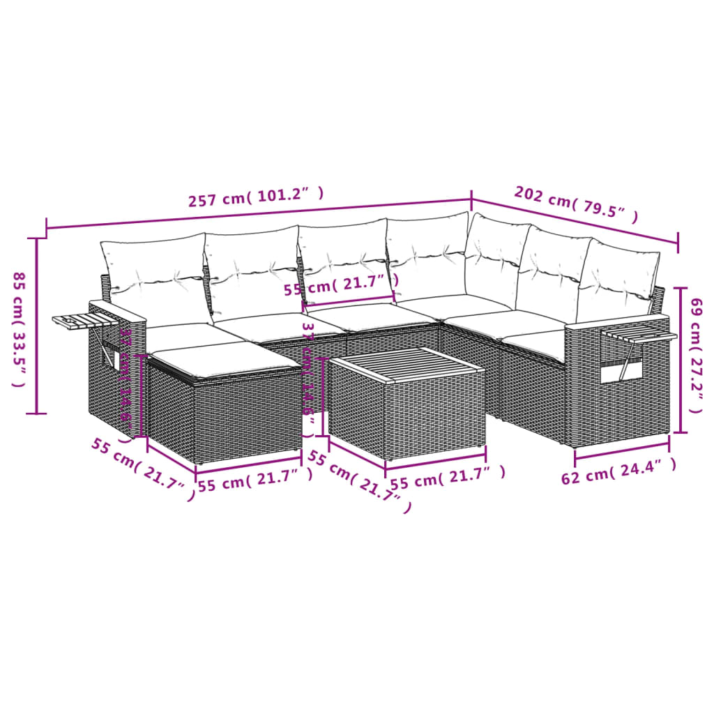 8 Pcs conjunto sofás de jardim com almofadões vime PE preto