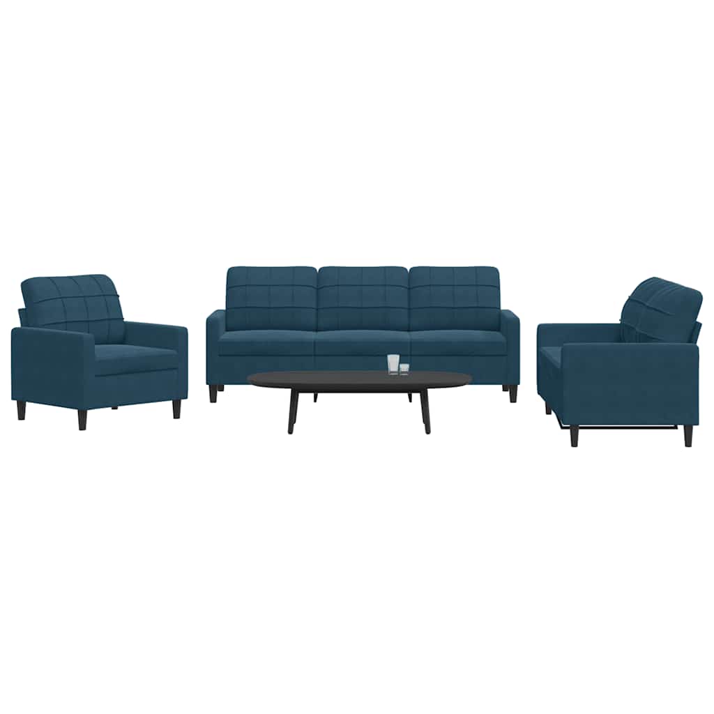 3 Pcs conjunto de sofás com almofadões veludo azul