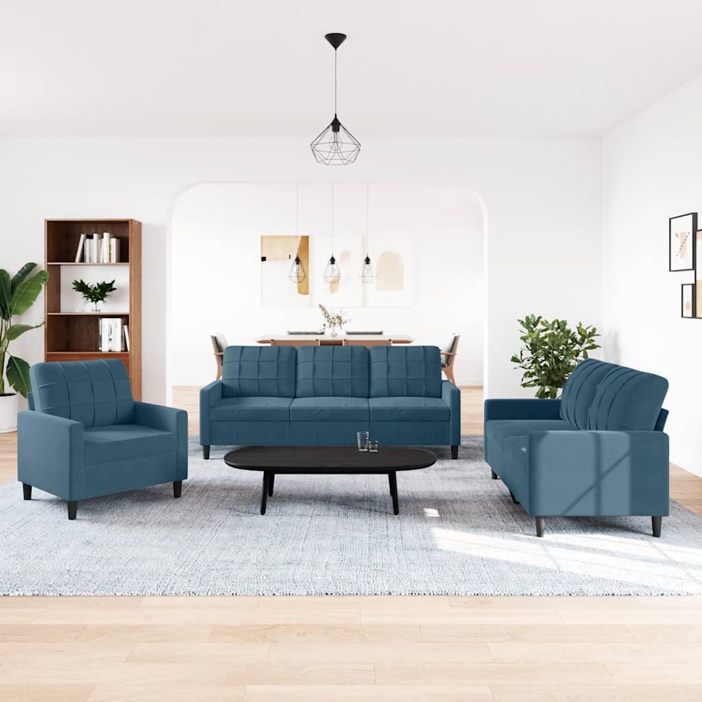 3 Pcs conjunto de sofás com almofadões veludo azul