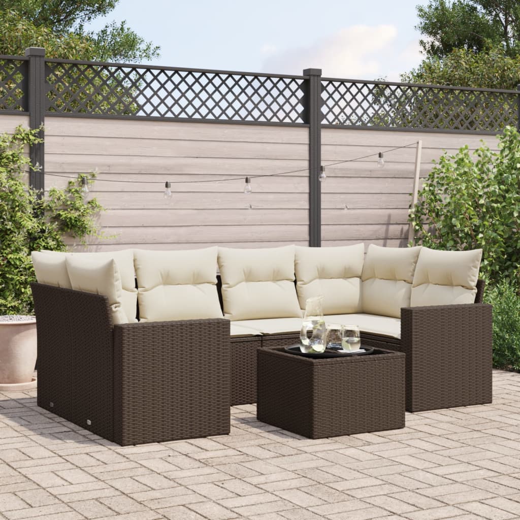 7 Pcs conjunto de sofás jardim c/ almofadões vime PE castanho
